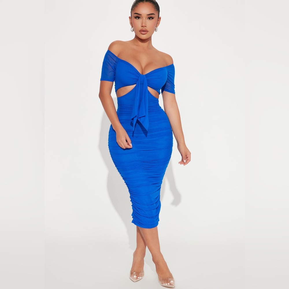 Simple And Sweet Mesh Ruched Dress - Royal